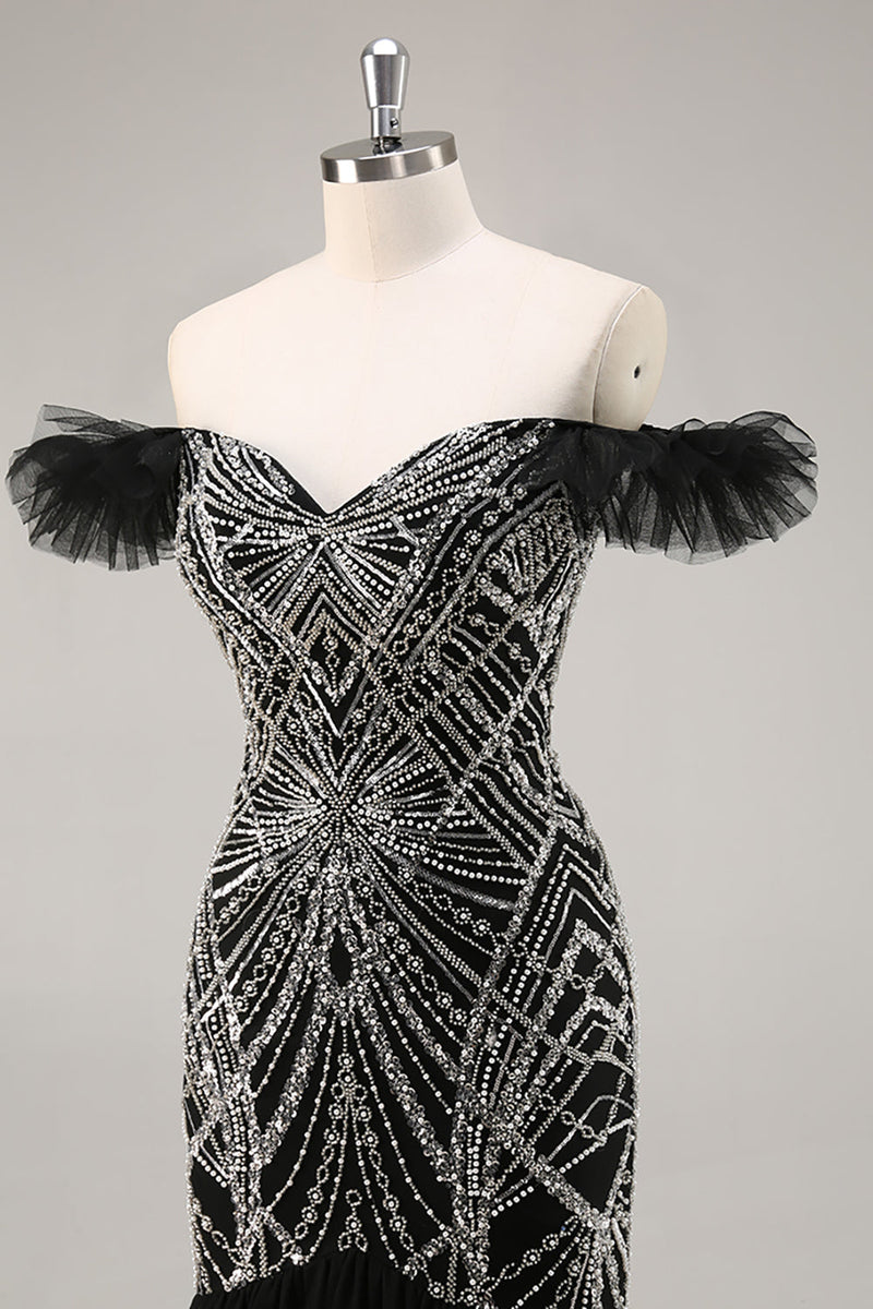 Load image into Gallery viewer, Sparkly Black Beaded Off the Shoulder Mermaid Long Prom Dress