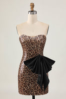 Load image into Gallery viewer, Sparkly Brown Leopard Short Sequins Tight Prom Dress with Bow