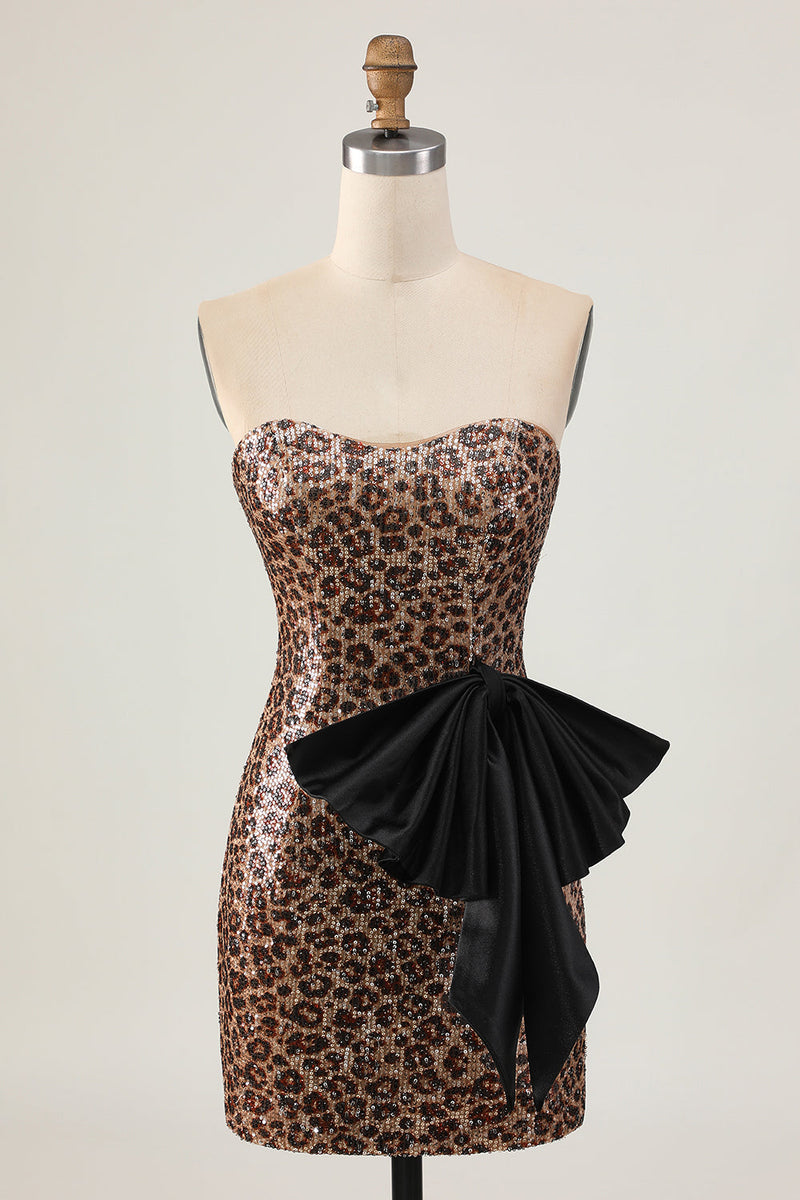 Load image into Gallery viewer, Sparkly Brown Leopard Short Sequins Tight Prom Dress with Bow