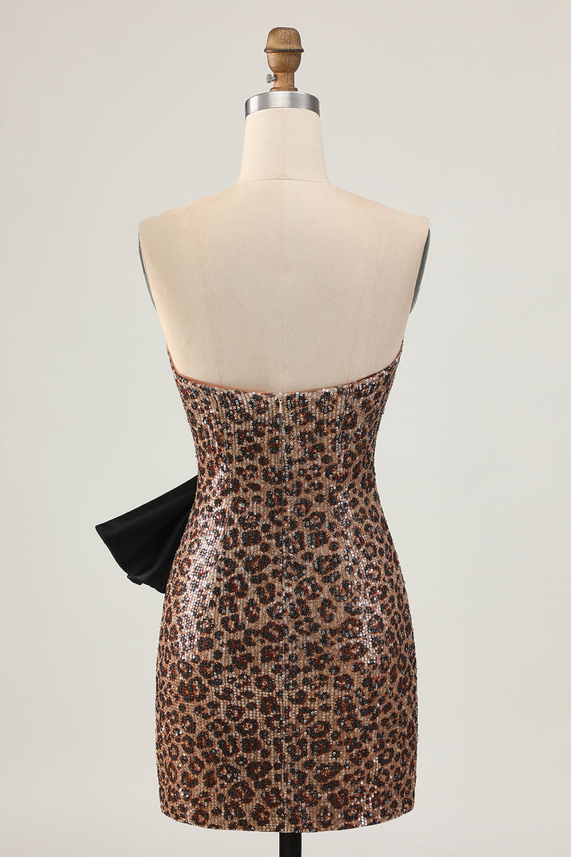 Load image into Gallery viewer, Sparkly Brown Leopard Short Sequins Tight Prom Dress with Bow