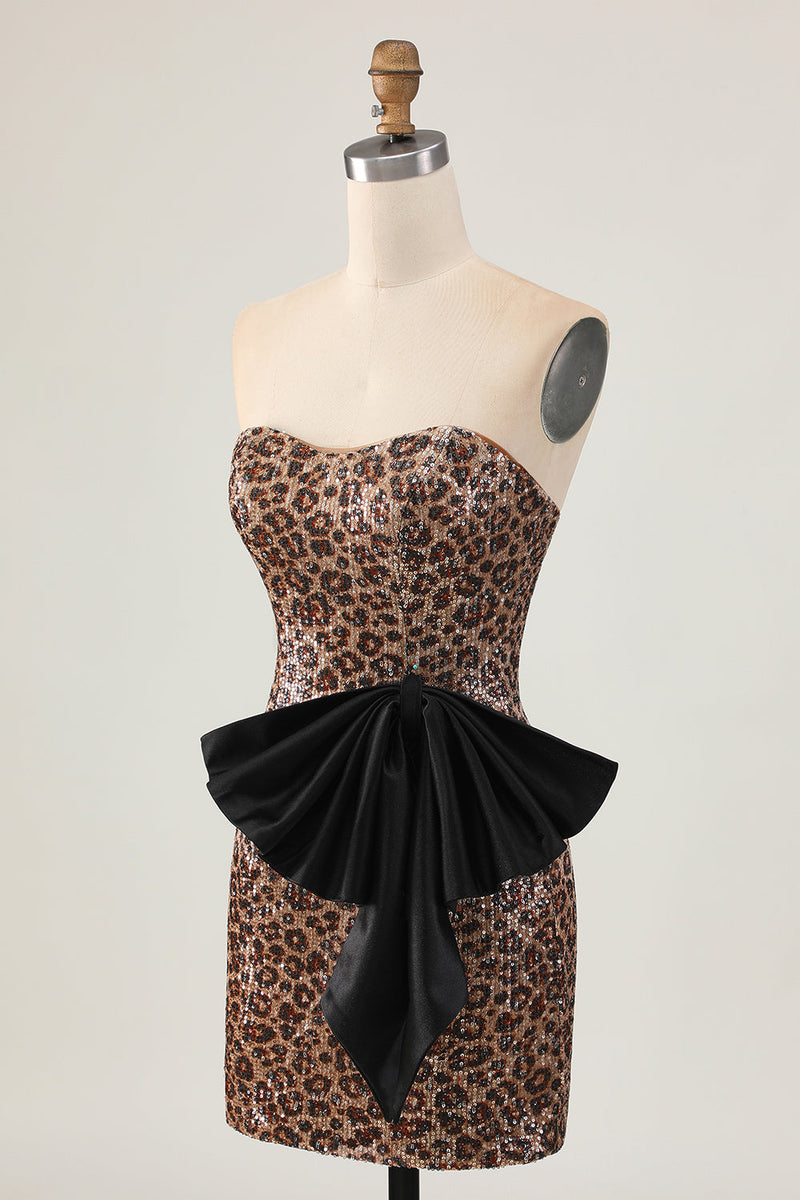 Load image into Gallery viewer, Sparkly Brown Leopard Short Sequins Tight Prom Dress with Bow