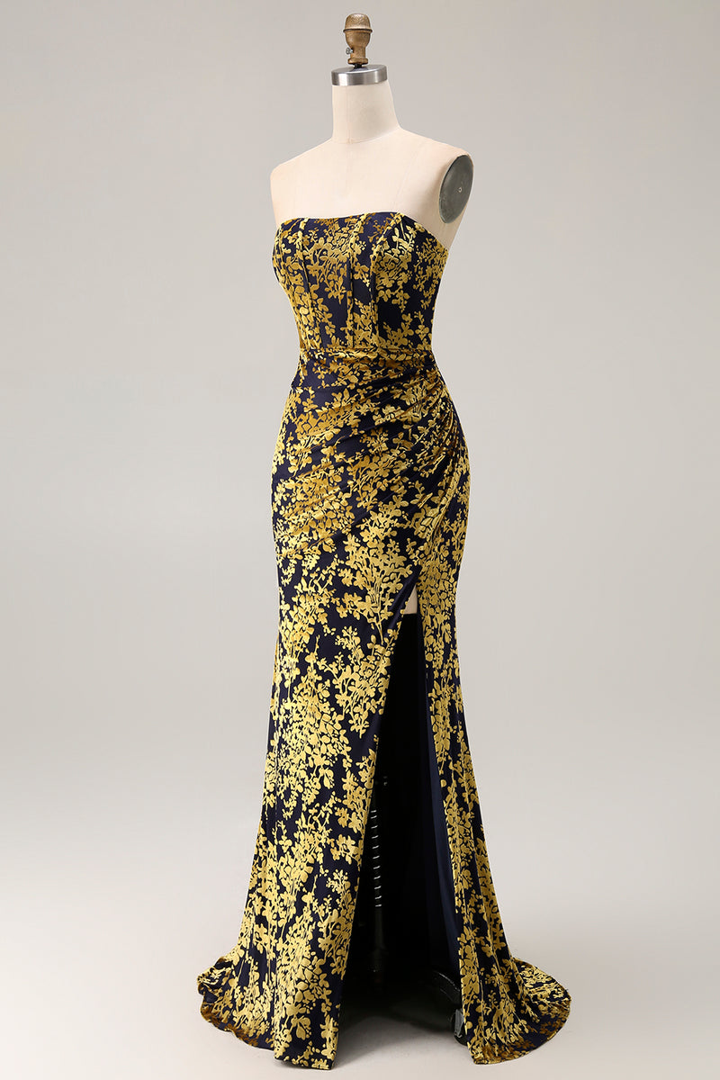 Load image into Gallery viewer, Peacock Green Floral Mermaid Strapless Long Corset Formal Dress with Slit