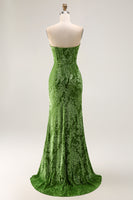 Load image into Gallery viewer, Peacock Green Floral Mermaid Strapless Long Corset Formal Dress with Slit