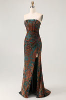 Load image into Gallery viewer, Peacock Green Floral Mermaid Strapless Long Corset Formal Dress with Slit