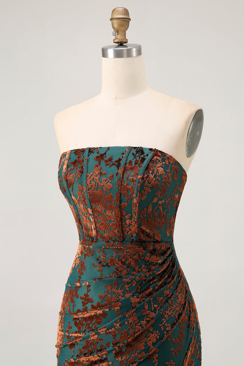 Load image into Gallery viewer, Peacock Green Floral Mermaid Strapless Long Corset Formal Dress with Slit