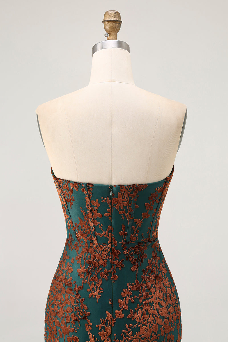 Load image into Gallery viewer, Peacock Green Floral Mermaid Strapless Long Corset Formal Dress with Slit