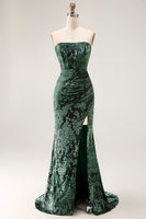 Load image into Gallery viewer, Peacock Green Floral Mermaid Strapless Long Corset Formal Dress with Slit