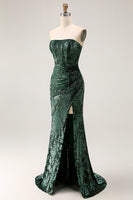Load image into Gallery viewer, Peacock Green Floral Mermaid Strapless Long Corset Formal Dress with Slit