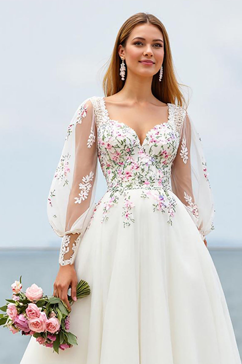 Load image into Gallery viewer, Ivory Floral A Line Sweep Train Wedding Dress with Sleeves