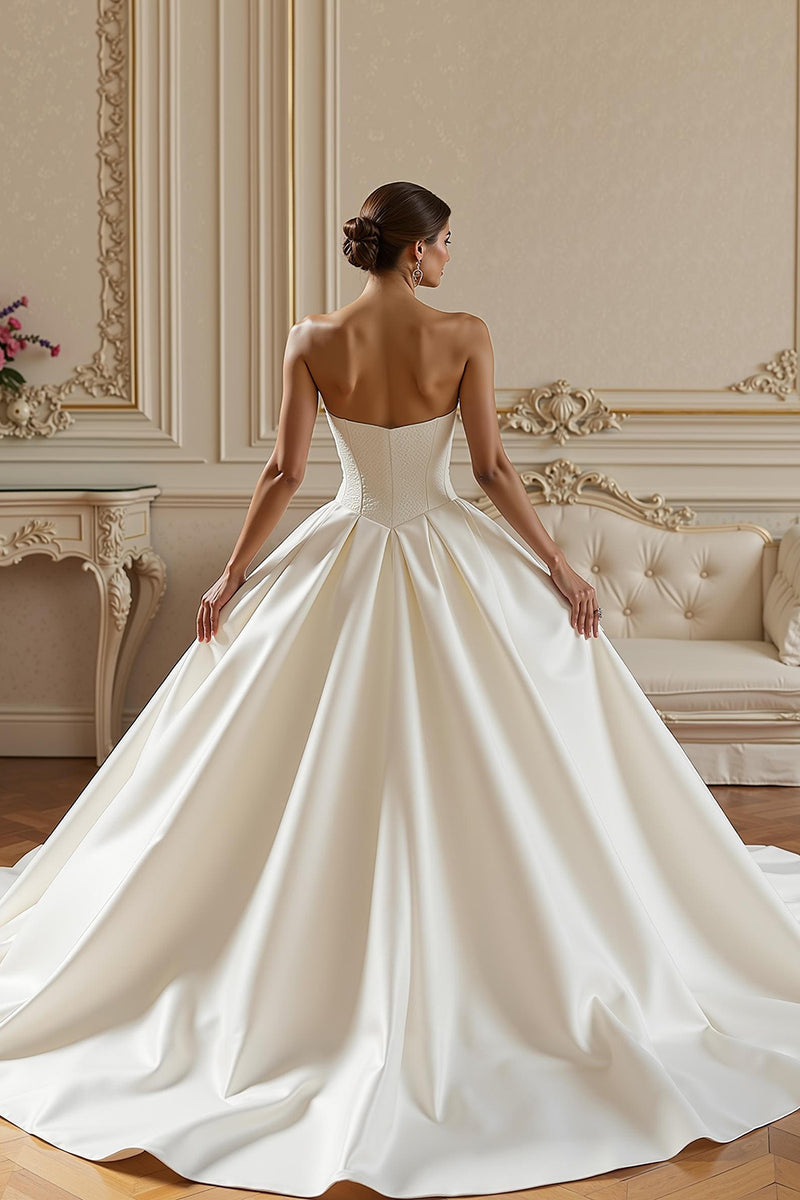 Load image into Gallery viewer, Ivory Satin Corset Sweetheart Ball Gown Long Wedding Dress