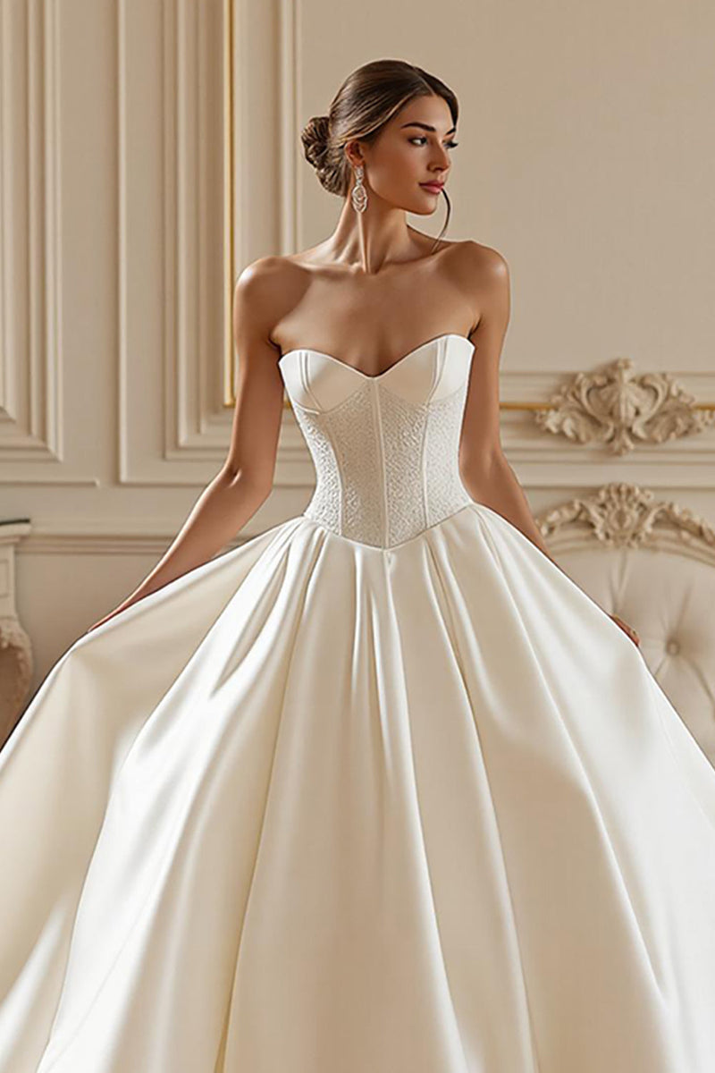 Load image into Gallery viewer, Ivory Satin Corset Sweetheart Ball Gown Long Wedding Dress