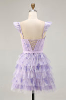 Load image into Gallery viewer, Lilac Corset Tiered Floral Short Prom Dress with Ruffles