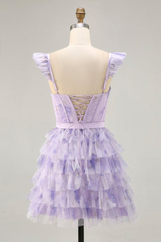 Lilac Corset Tiered Floral Short Prom Dress with Ruffles