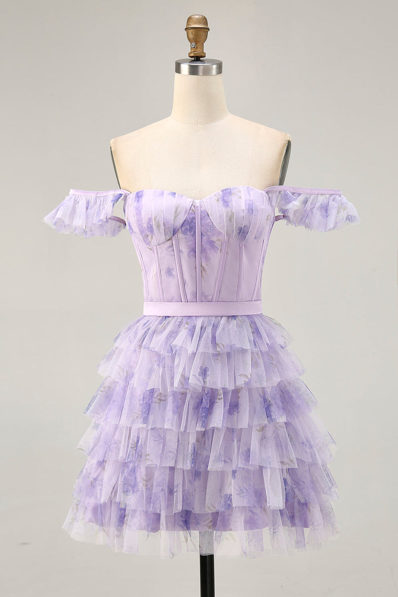 Load image into Gallery viewer, Lilac Corset Tiered Floral Short Prom Dress with Ruffles