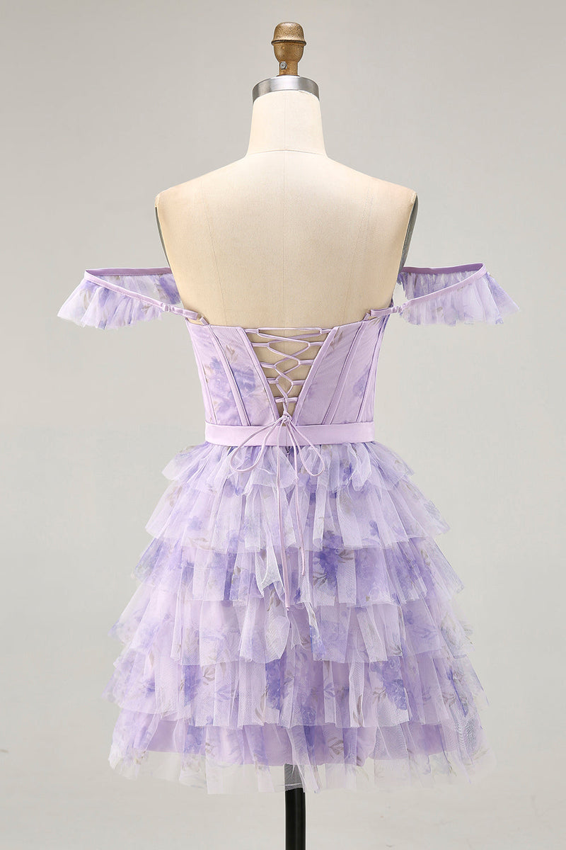 Load image into Gallery viewer, Lilac Corset Tiered Floral Short Prom Dress with Ruffles