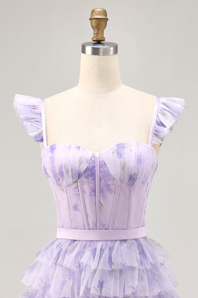 Load image into Gallery viewer, Lilac Corset Tiered Floral Short Prom Dress with Ruffles