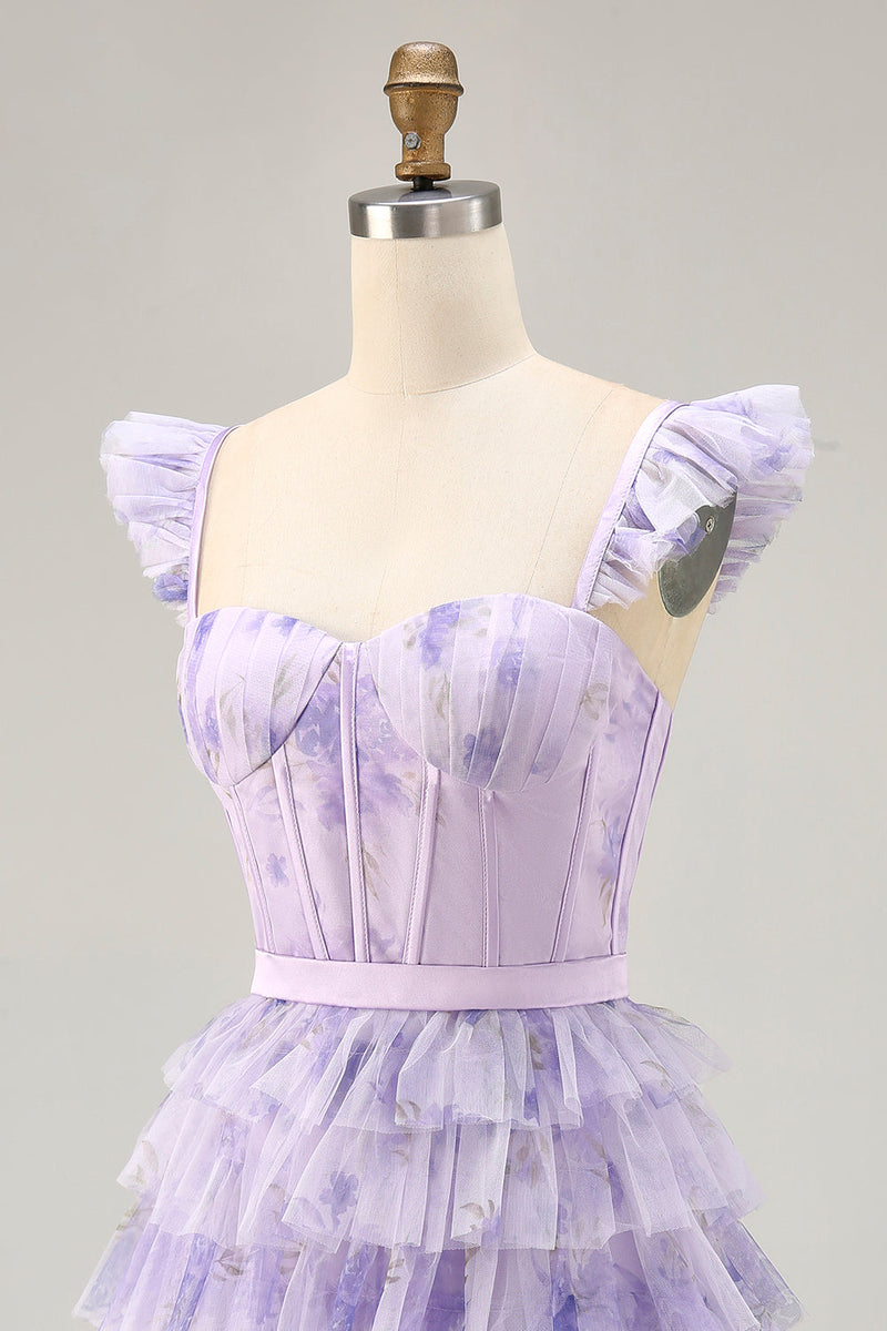 Load image into Gallery viewer, Lilac Corset Tiered Floral Short Prom Dress with Ruffles