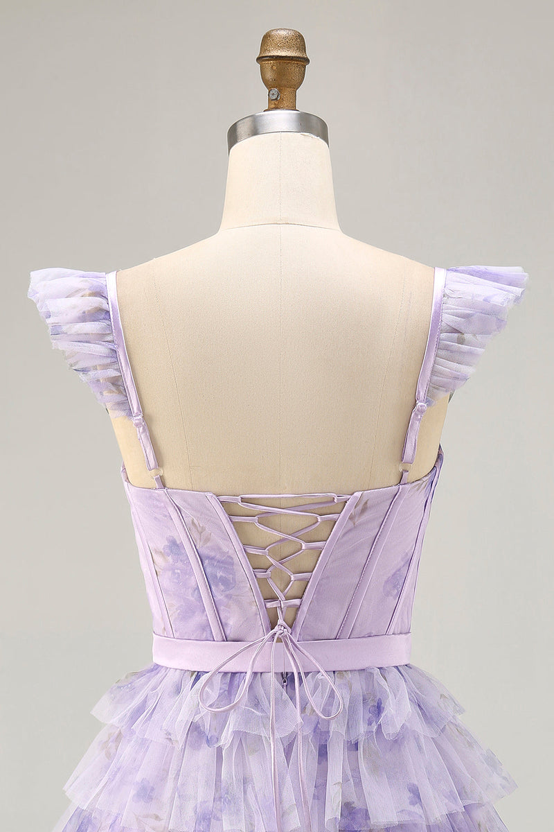 Load image into Gallery viewer, Lilac Corset Tiered Floral Short Prom Dress with Ruffles