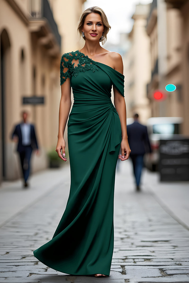 Load image into Gallery viewer, Dark Green One Shoulder Sheath Ruched Long Mother of the Bride Dress with Appliques