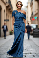 Load image into Gallery viewer, Dark Green One Shoulder Sheath Ruched Long Mother of the Bride Dress with Appliques