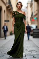 Load image into Gallery viewer, Dark Green One Shoulder Sheath Ruched Long Mother of the Bride Dress with Appliques