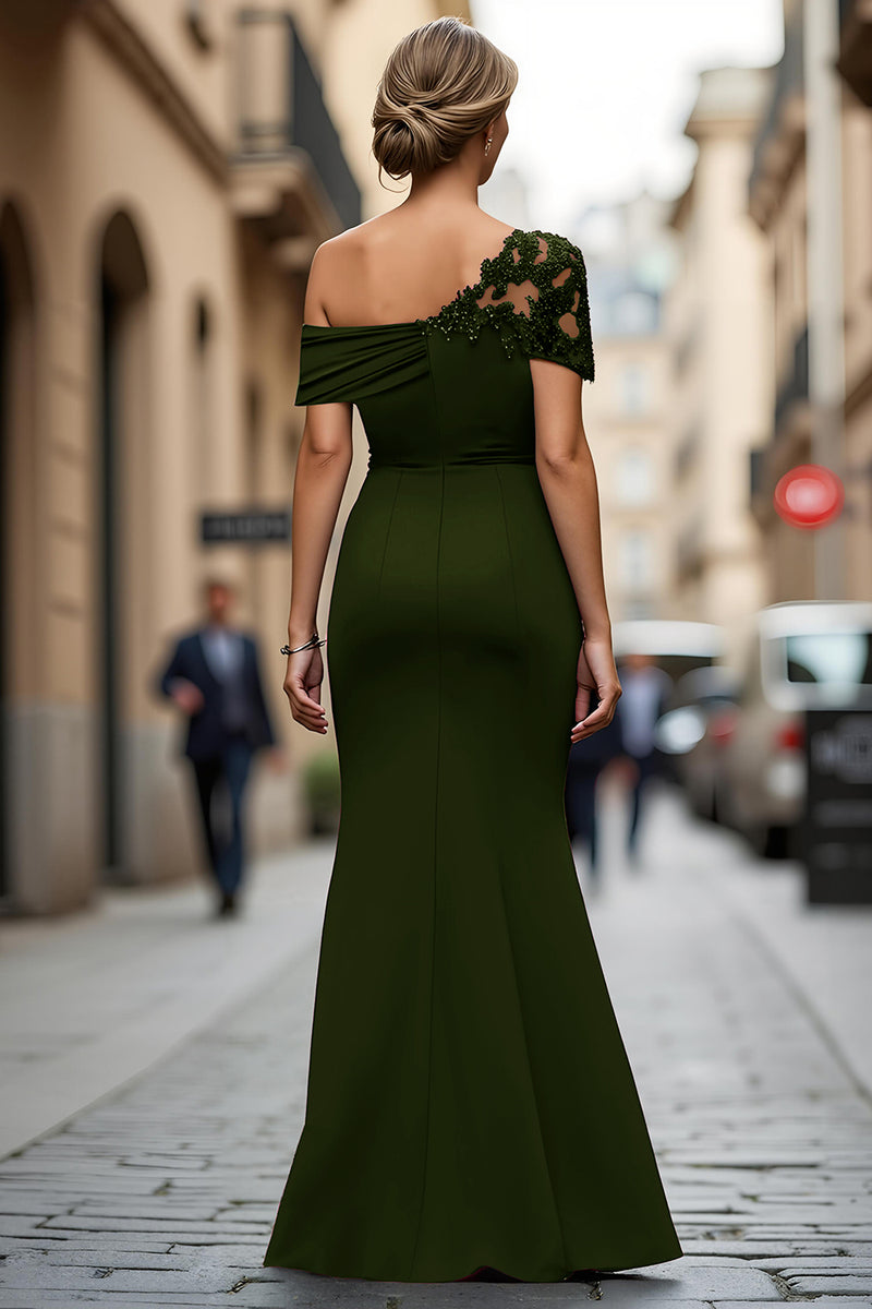 Load image into Gallery viewer, Dark Green One Shoulder Sheath Ruched Long Mother of the Bride Dress with Appliques
