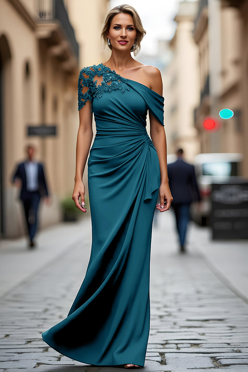 Load image into Gallery viewer, Dark Green One Shoulder Sheath Ruched Long Mother of the Bride Dress with Appliques