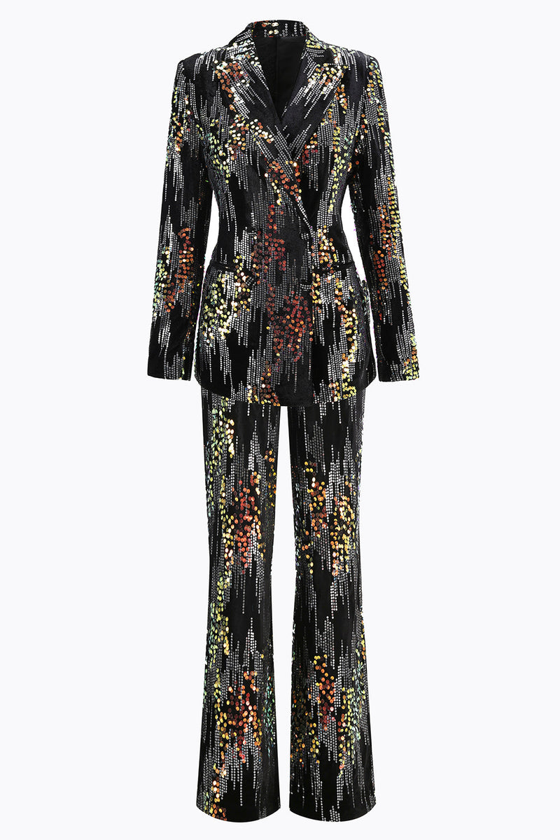 Load image into Gallery viewer, Sparkly 2 Piece Black Sequin Peak Lapel Women Prom Suits