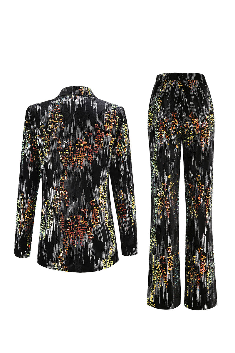 Load image into Gallery viewer, Sparkly 2 Piece Black Sequin Peak Lapel Women Prom Suits