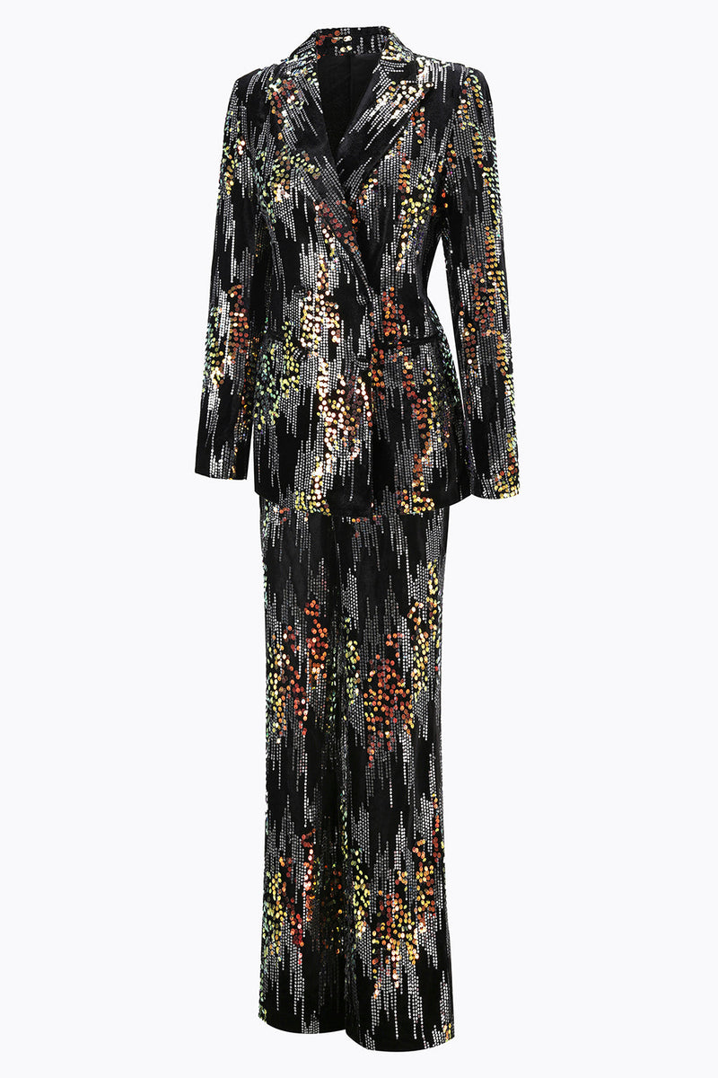 Load image into Gallery viewer, Sparkly 2 Piece Black Sequin Peak Lapel Women Prom Suits