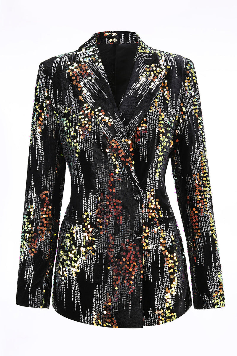 Load image into Gallery viewer, Sparkly 2 Piece Black Sequin Peak Lapel Women Prom Suits