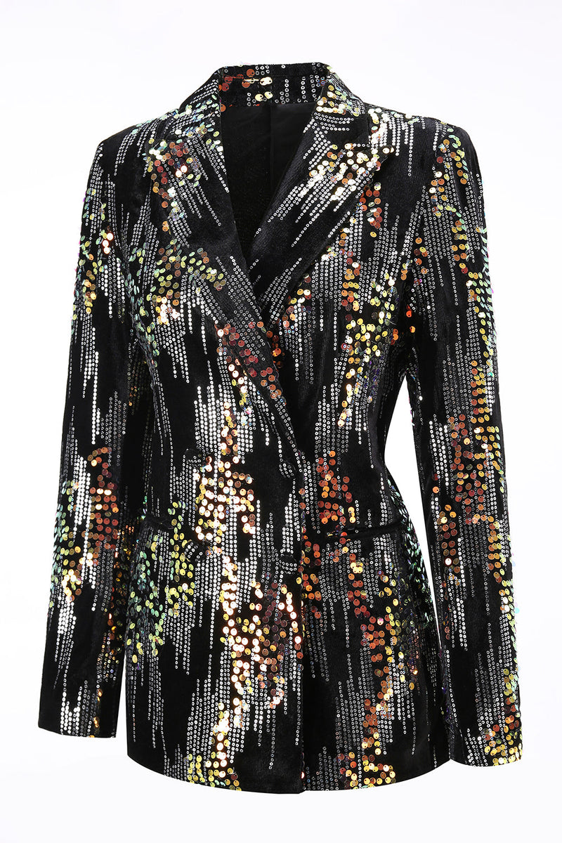 Load image into Gallery viewer, Sparkly 2 Piece Black Sequin Peak Lapel Women Prom Suits