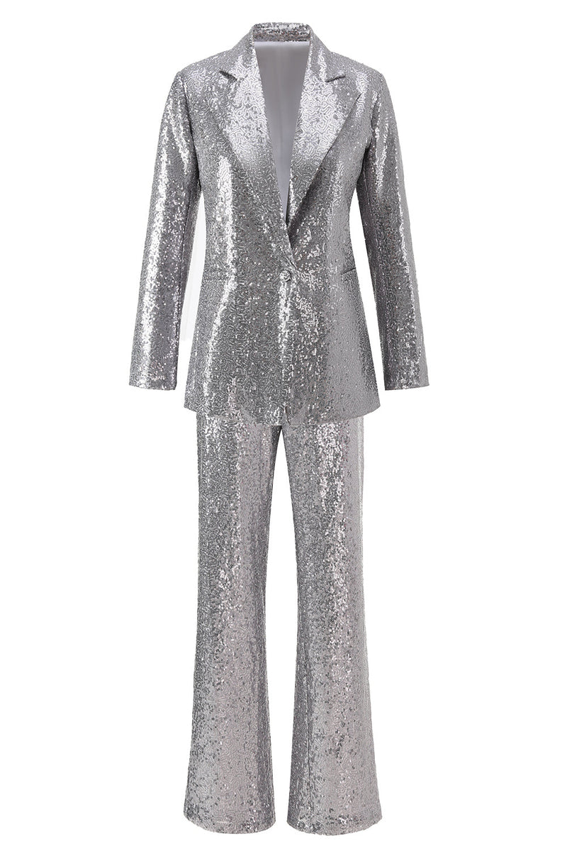Load image into Gallery viewer, 2 Piece Sparkly Silver Notched Lapel Sequin Women Prom Suits