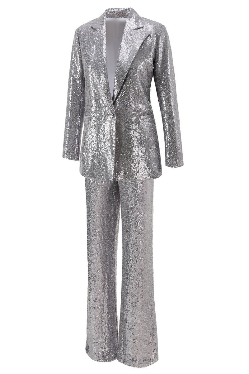 Load image into Gallery viewer, 2 Piece Sparkly Silver Notched Lapel Sequin Women Prom Suits