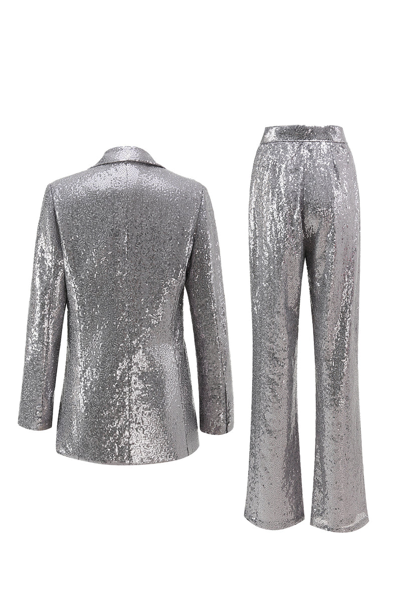 Load image into Gallery viewer, 2 Piece Sparkly Silver Notched Lapel Sequin Women Prom Suits