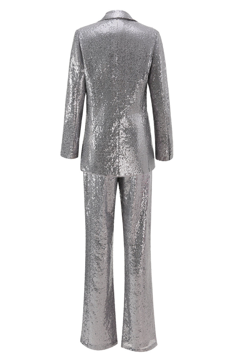Load image into Gallery viewer, 2 Piece Sparkly Silver Notched Lapel Sequin Women Prom Suits