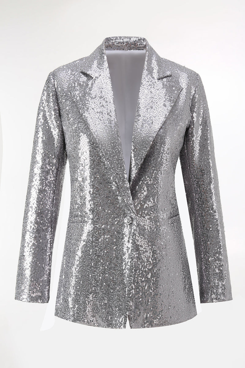 Load image into Gallery viewer, 2 Piece Sparkly Silver Notched Lapel Sequin Women Prom Suits