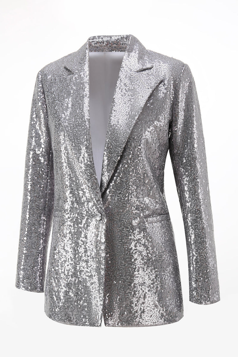 Load image into Gallery viewer, 2 Piece Sparkly Silver Notched Lapel Sequin Women Prom Suits