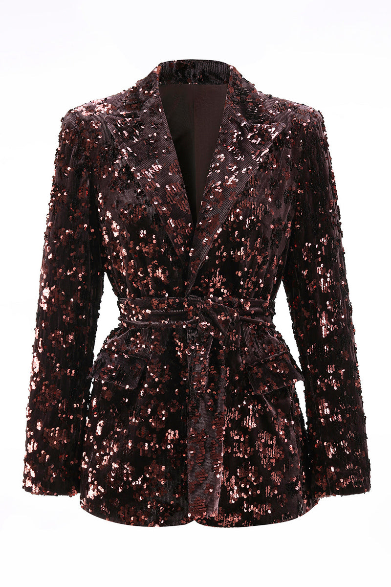 Load image into Gallery viewer, 2 Piece Sparkly Coffee Sequin Peak Lapel Women Prom Suits with Sash