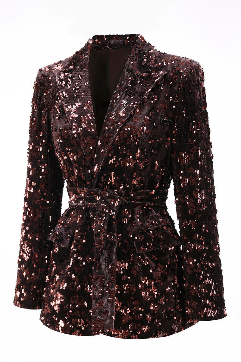 Load image into Gallery viewer, 2 Piece Sparkly Coffee Sequin Peak Lapel Women Prom Suits with Sash