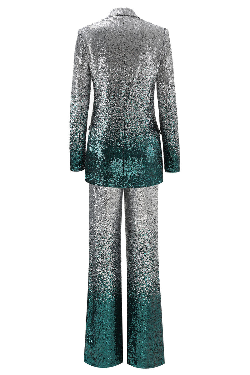 Load image into Gallery viewer, 2 Piece Sparkly Silver and Peacock Sequin Women Prom Suits