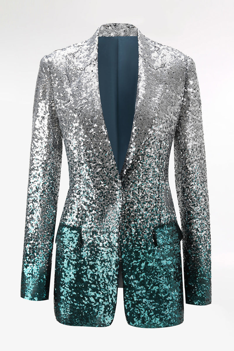 Load image into Gallery viewer, 2 Piece Sparkly Silver and Peacock Sequin Women Prom Suits
