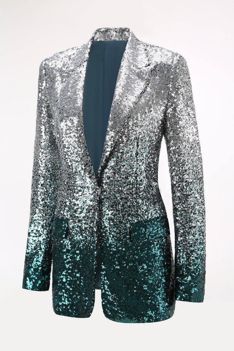 Load image into Gallery viewer, 2 Piece Sparkly Silver and Peacock Sequin Women Prom Suits