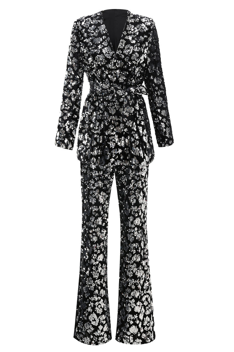 Load image into Gallery viewer, 2 Piece Sparkly Black Sequin Women Prom Suits with Sash