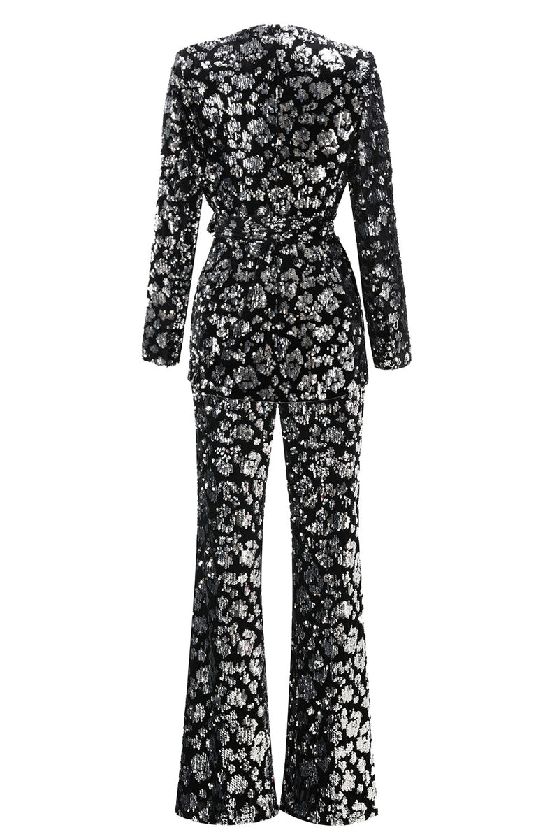 Load image into Gallery viewer, 2 Piece Sparkly Black Sequin Women Prom Suits with Sash