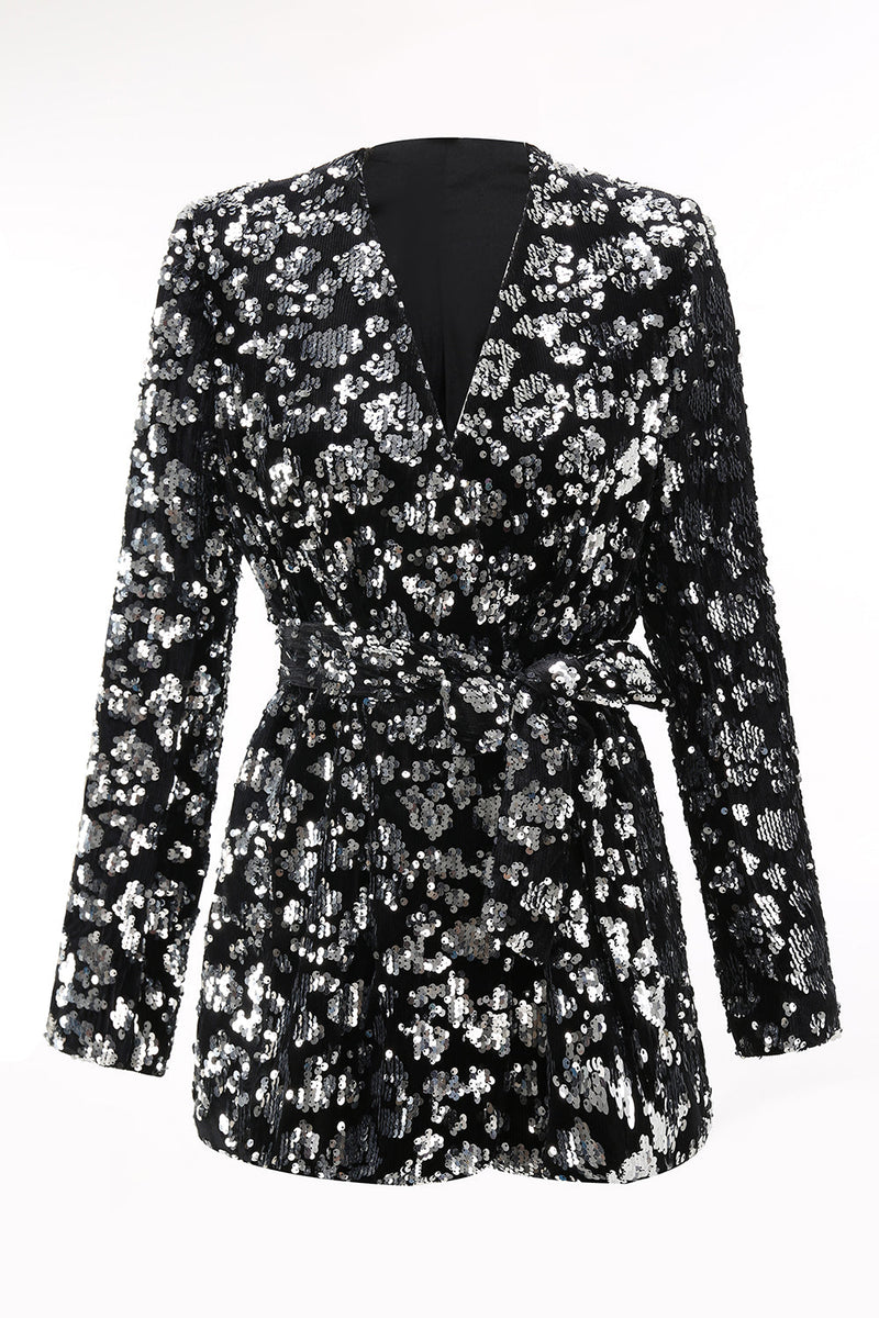 Load image into Gallery viewer, 2 Piece Sparkly Black Sequin Women Prom Suits with Sash