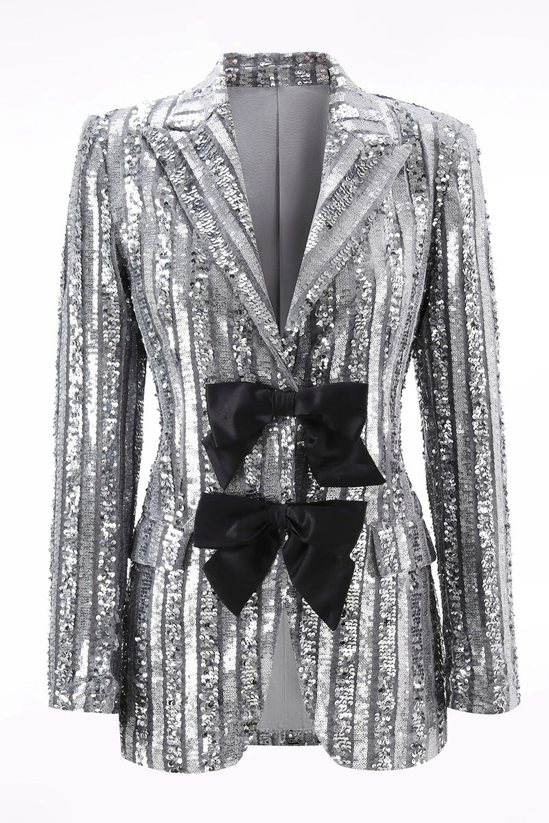Load image into Gallery viewer, Sparkly Silver Grey Sequin Peak Lapel Women Prom Blazer with Bow