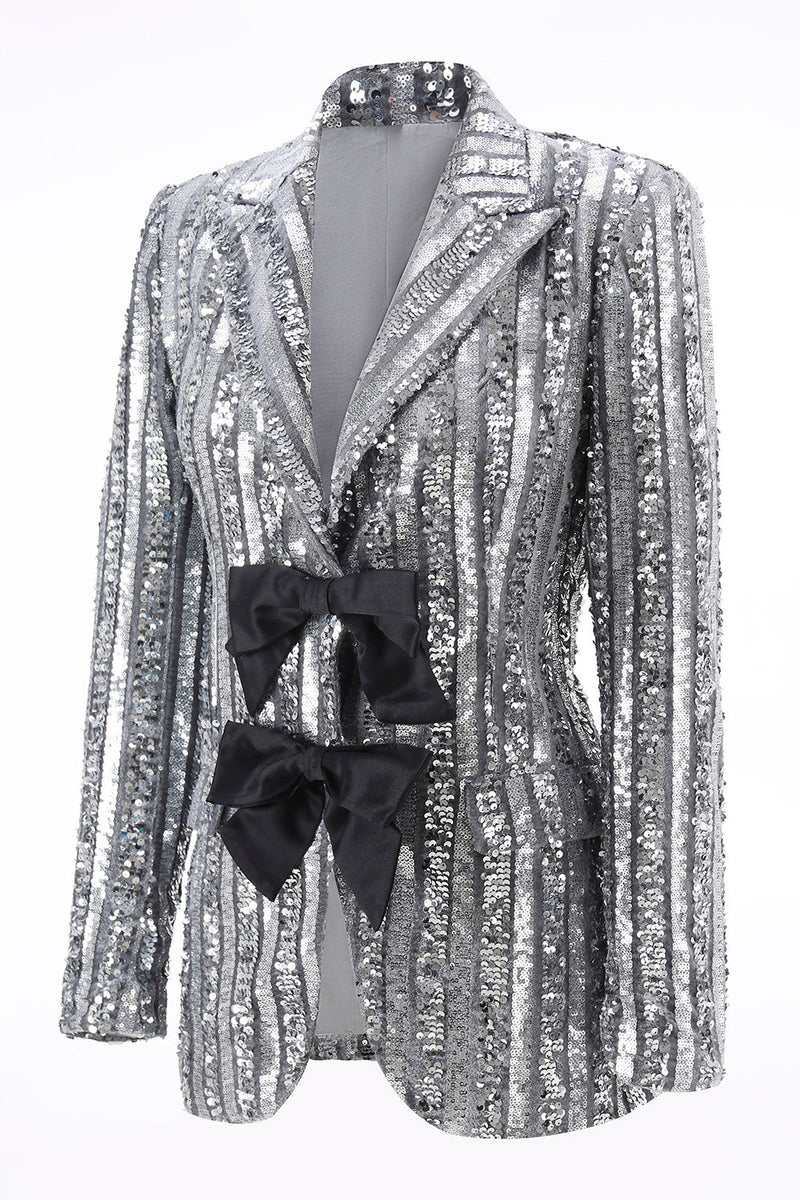 Load image into Gallery viewer, Sparkly Silver Grey Sequin Peak Lapel Women Prom Blazer with Bow