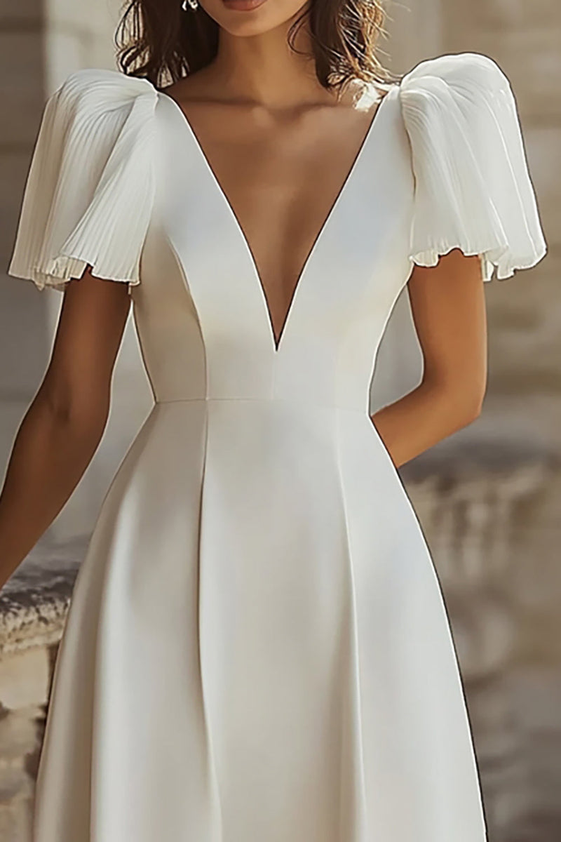 Queendancer Women Ivory Simple Satin Maxi Rehearsal Dinner Dress Deep  V-Neck Short Sleeves Engagement Dress – queendanceruk