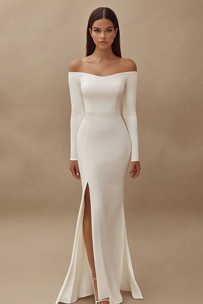 Queendancer Women Satin Ivory Maxi Wedding Reception Dress with Slit Off  the Shoulder Long Sleeves Mermaid Rehearsal Dinner Dress – queendanceruk